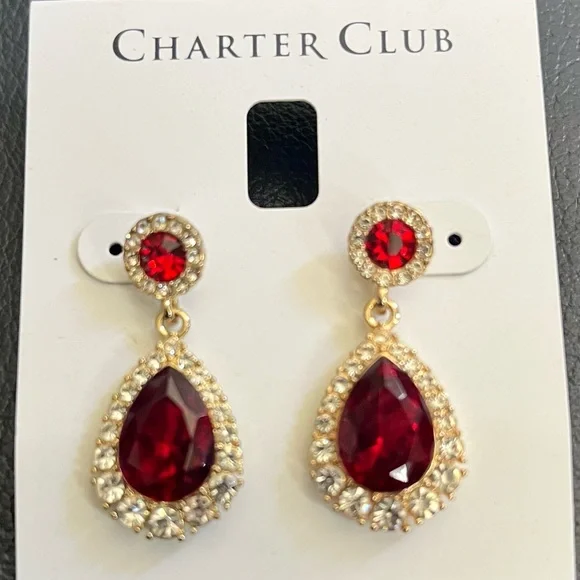 Macy's Charter Club Ruby Red and Gold Teardrop Earrings - Picture 1 of 3